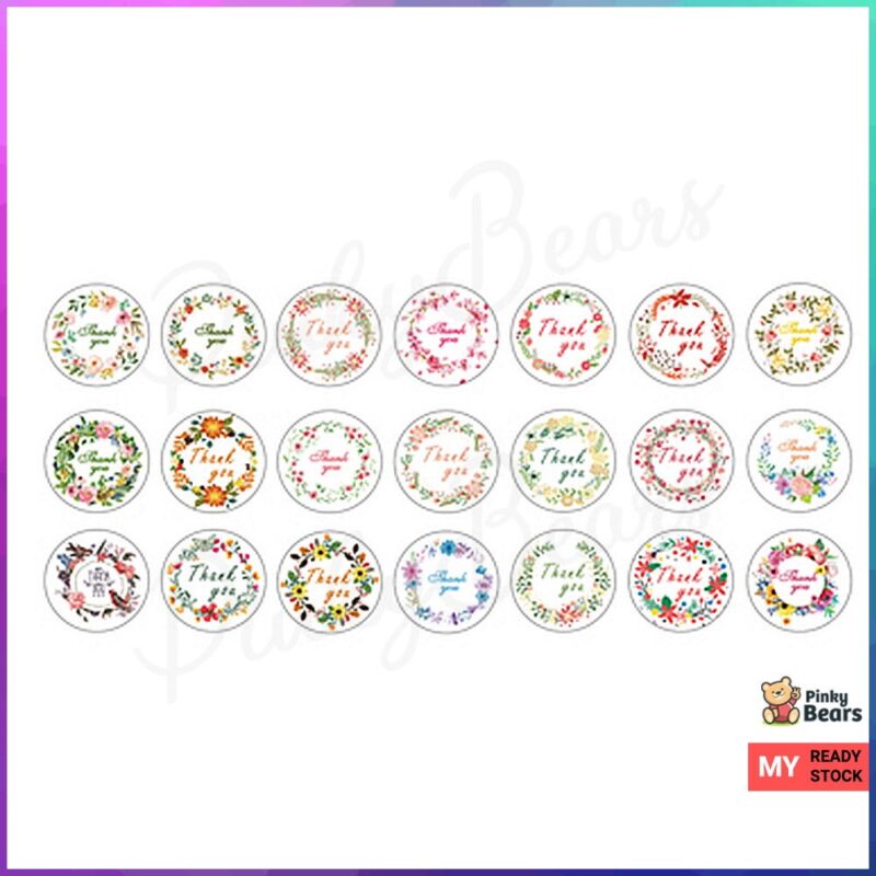 Assorted Flower Design Thank You Round Stickers