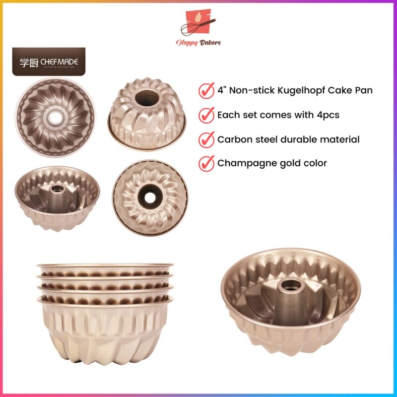 CHEFMADE 4" Non-stick Kugelhopf Cake Pan | 4 Pcs Set | Non Stick Carbon Steel Quality Bakeware